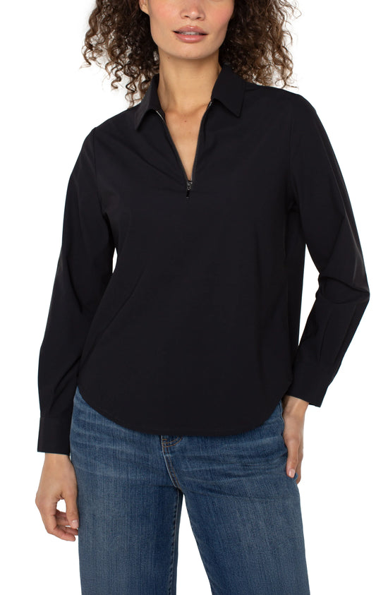 Long Sleeve Zip Front Top with Collar - Black