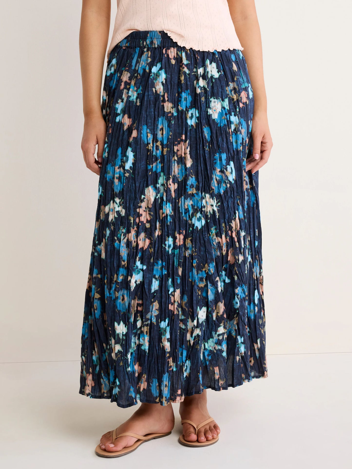Midi Floral Crinkle Skirt - Indigo Multi