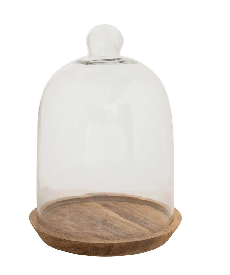 8" Glass Cloche with Mango Wood Base