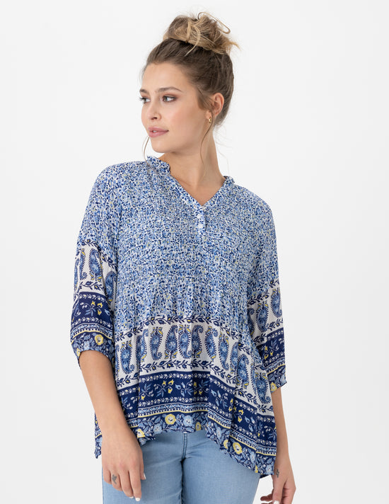 Load image into Gallery viewer, Blue Print Peasant Top
