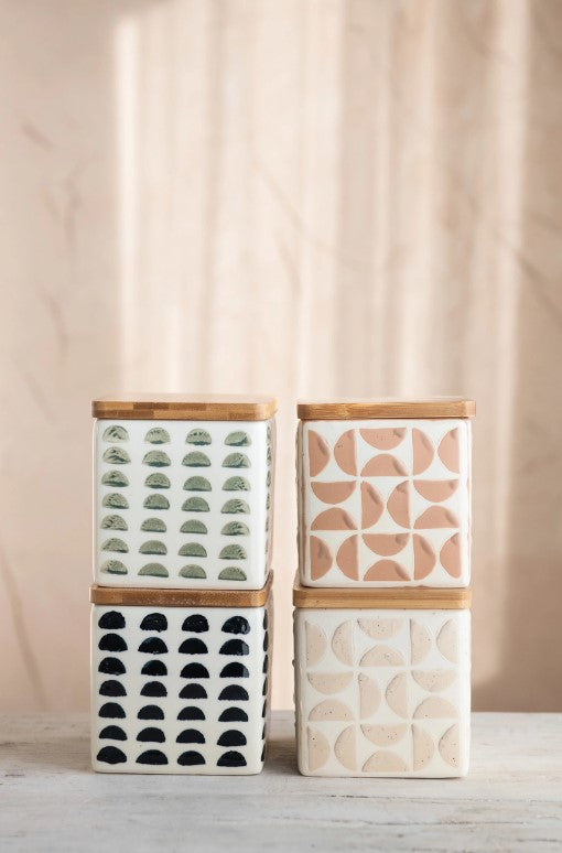 Load image into Gallery viewer, Hand-Stamped Stoneware Canisters with Bamboo Lids
