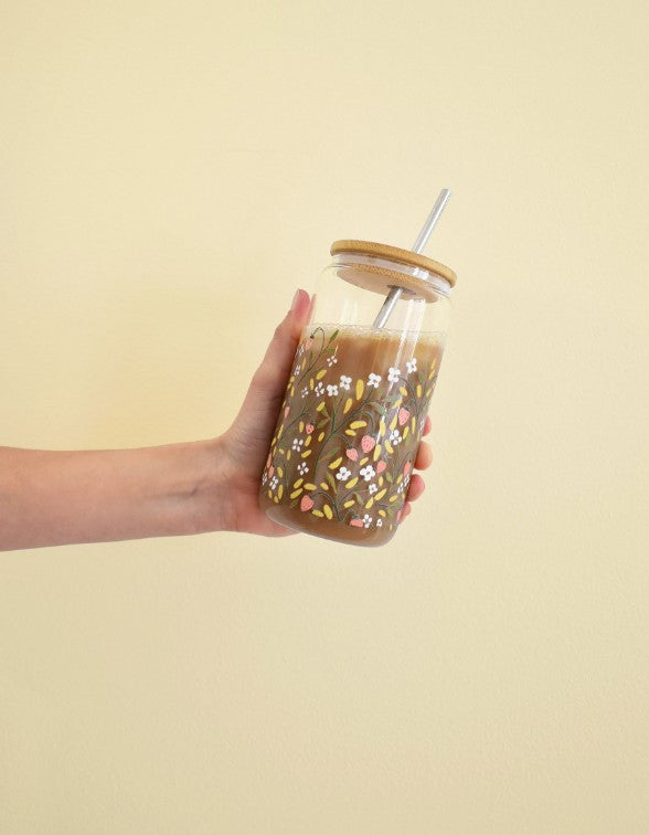 Glass Coffee Cup - Strawberry Meadow