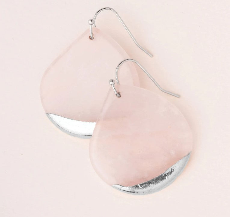 Stone Dipped Teardrop Earrings - Rose Quartz / Silver