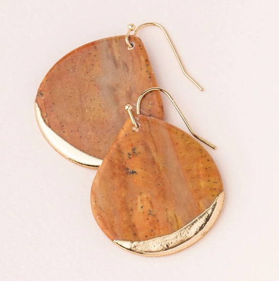 Stone Dipped Teardrop Earrings - Petrified Wood / Gold