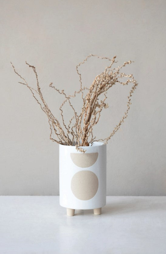 Footed Stoneware Planter with Circles