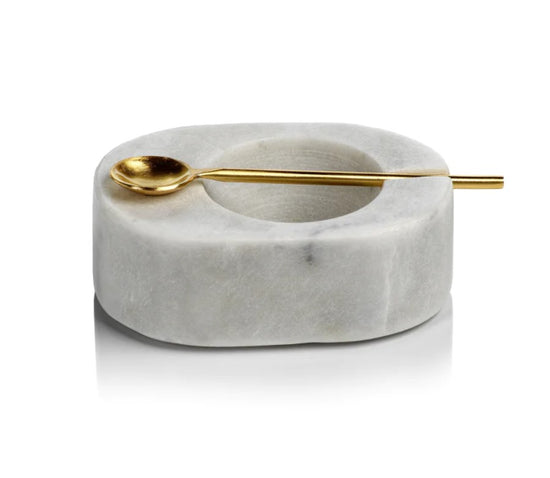 Load image into Gallery viewer, Tuscan White Marble Salt &amp;amp; Pepper Bowl with Gold Spoon
