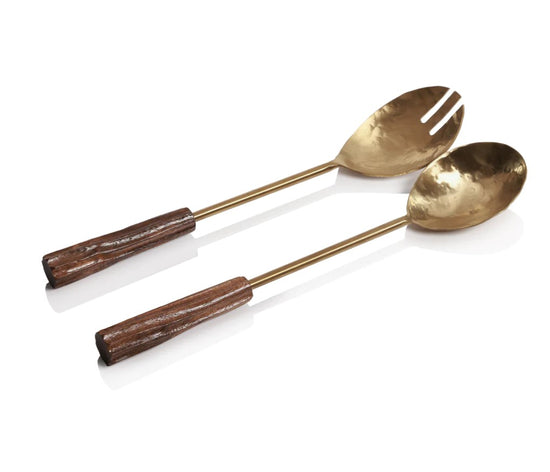Hammered Gold Salad Servers with Wooden Handles