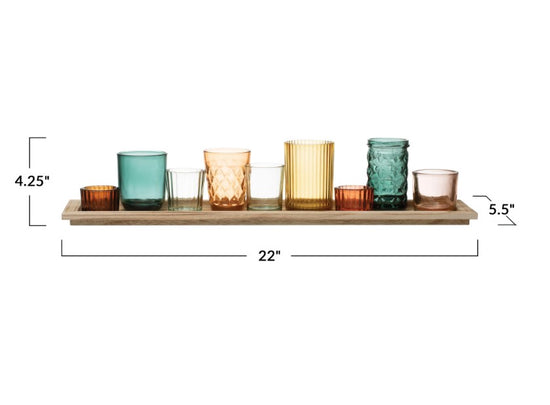 Load image into Gallery viewer, Embossed Glass Votive Candle Holders with Wooden Tray
