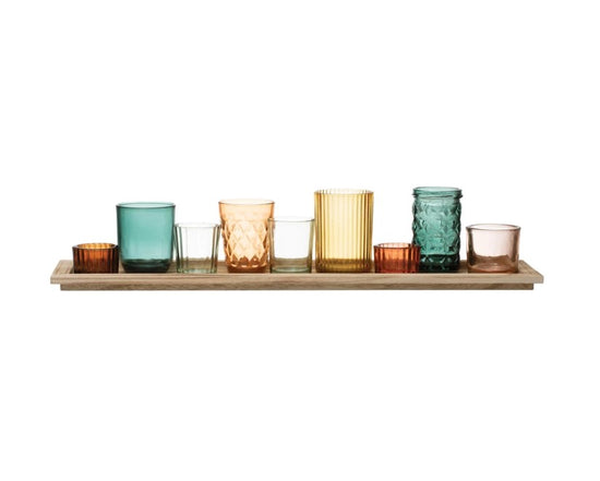 Embossed Glass Votive Candle Holders with Wooden Tray