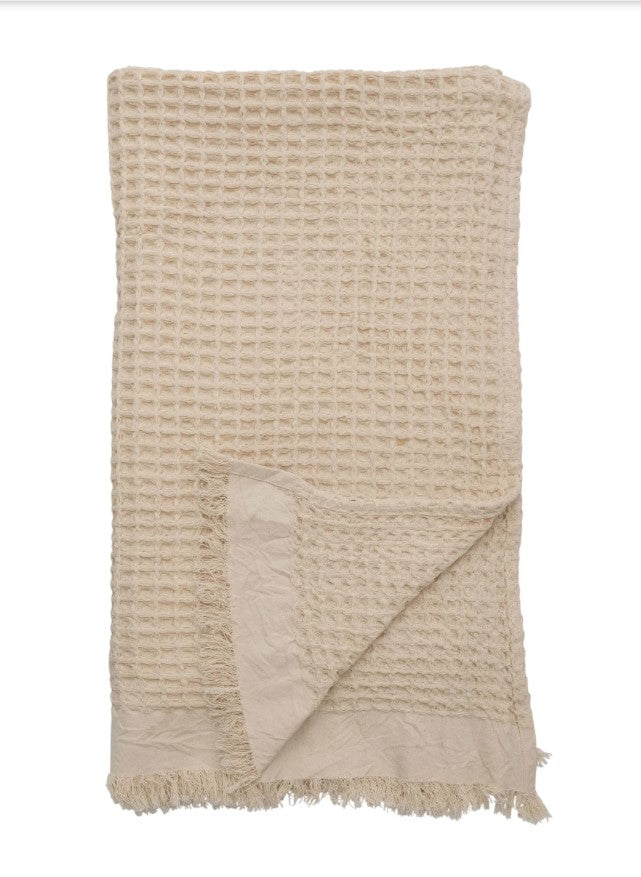Cotton Waffle Weave Throw with Fringe - Natural