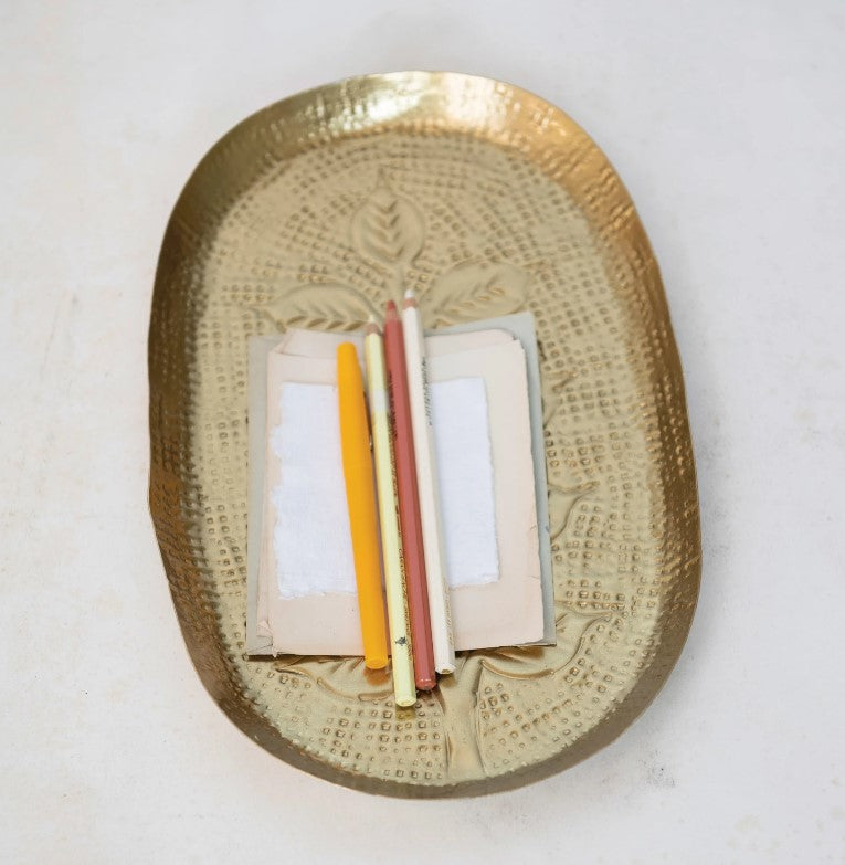 Load image into Gallery viewer, Decorative Debossed Metal Tray, Antique Gold Finish
